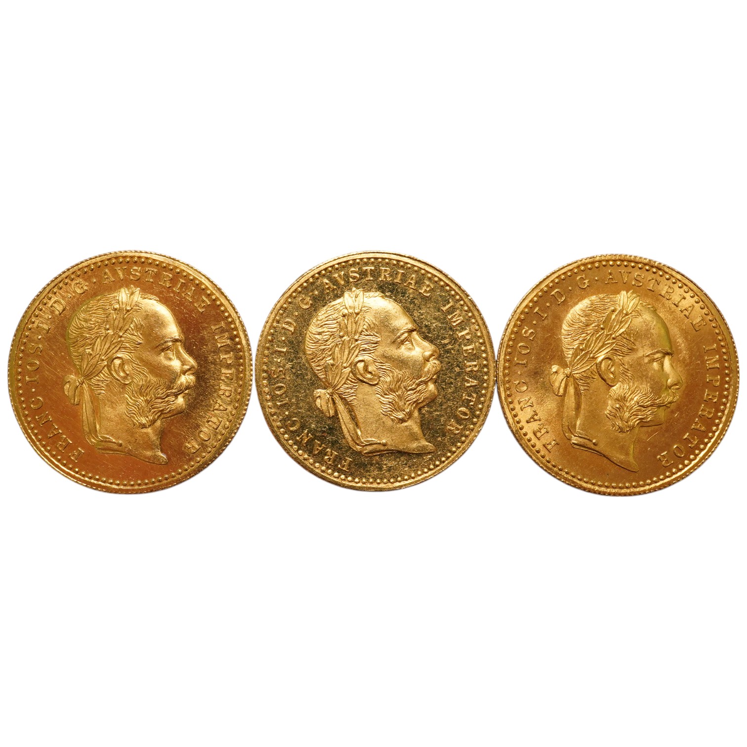 Austrian Empire gold coins, Francis Joseph I, three individual gold 1 ducat, each a 1915 re-strike (3)